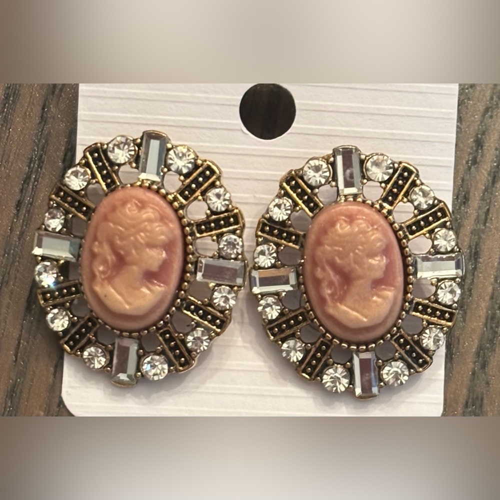 Vintage Style Cameo Fashion Earrings with Gold, Silver and Pink Accents